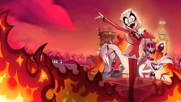 Charlie pointing upward as Vaggie and Angel Dust stand in hell
