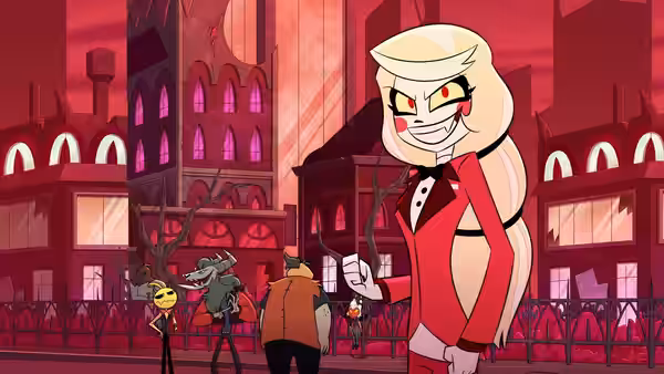 Charlie standing on a city street with other demons behind her
