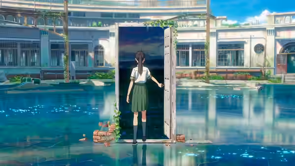 Suzume (Nanoka Hara) stepping through an open door into starry darkness