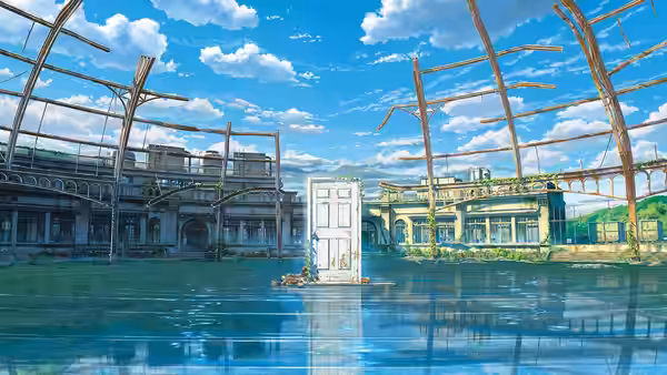 a white door standing alone in shallow water amid ruined buildings