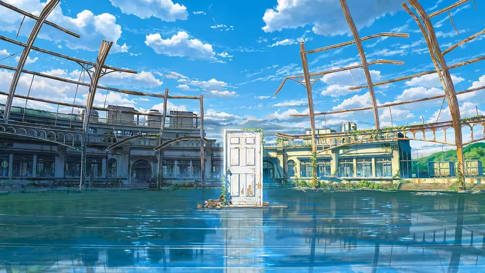 a white door standing alone in shallow water amid ruined buildings