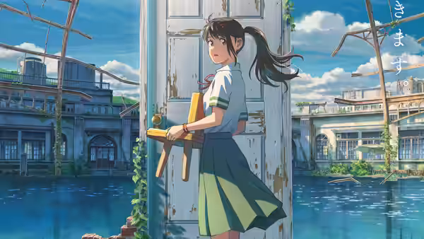 Suzume (Nanoka Hara) standing by a door holding a wooden chair