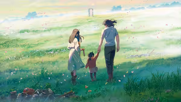a woman a man and a child walking hand in hand through flowers