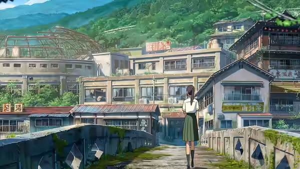 Suzume (Nanoka Hara) walking along a bridge through an abandoned town