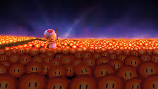 Toad standing among glowing mushrooms in a dark field holding a staff