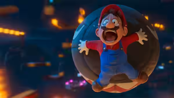 Mario floating with arms out inside a large transparent sphere at night