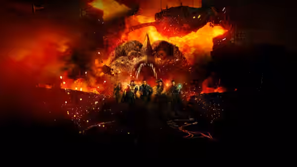 a group of adventurers confronting a massive fiery dragon in dark ruins