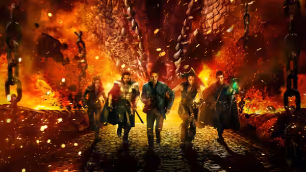 five companions running through a fiery cavern with chains and falling debris