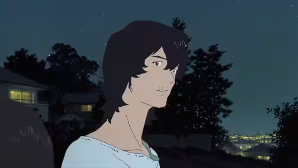 A teenage boy looking aside under a dark starry night sky