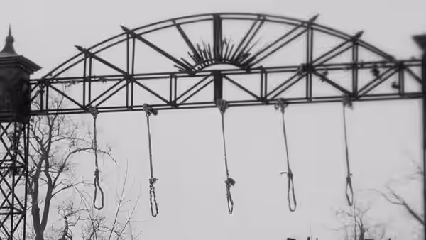 Several nooses hang from a bare metal gallows against the winter sky