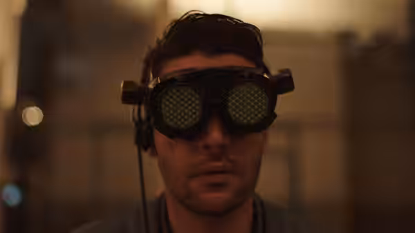 Colin Tate (Christopher Abbott) wears large electronic goggles in a dim room