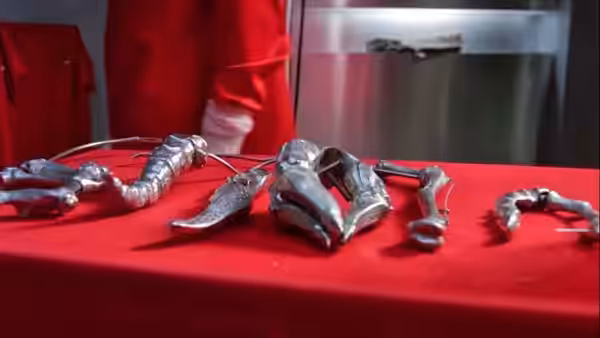 Assorted metal instruments laid out on red fabric in a lab