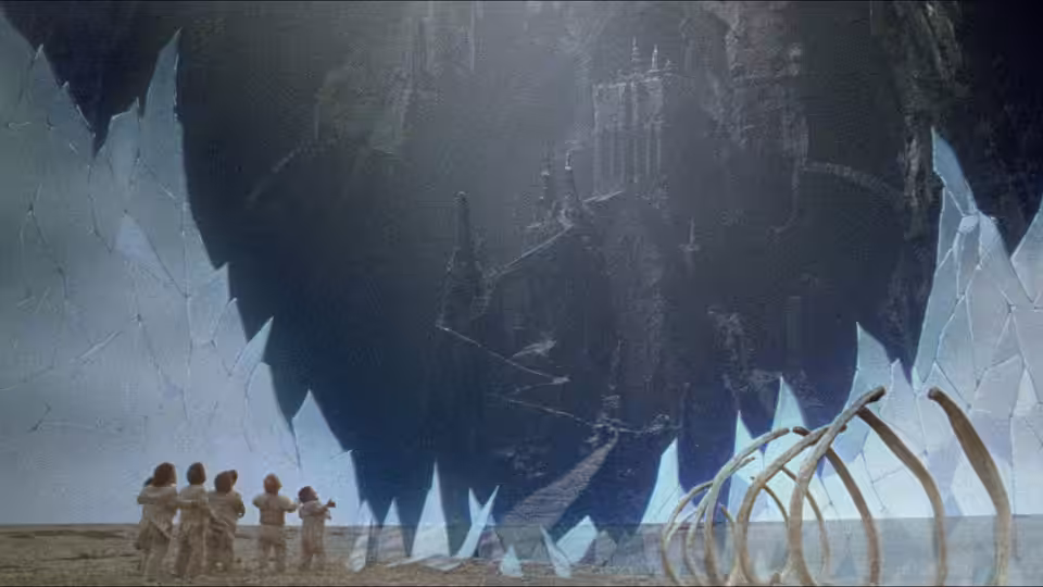A group of travelers crosses an icy cavern toward a distant castle