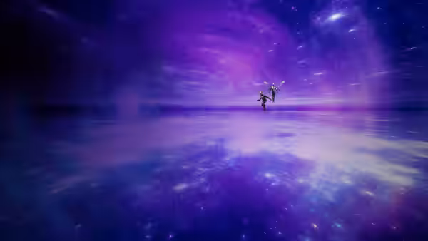 Two figures flying through a vast swirling purple cosmic space