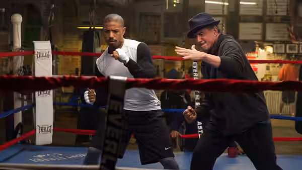 Adonis Johnson (Michael B. Jordan) sparring with Rocky Balboa (Sylvester Stallone) in the ring