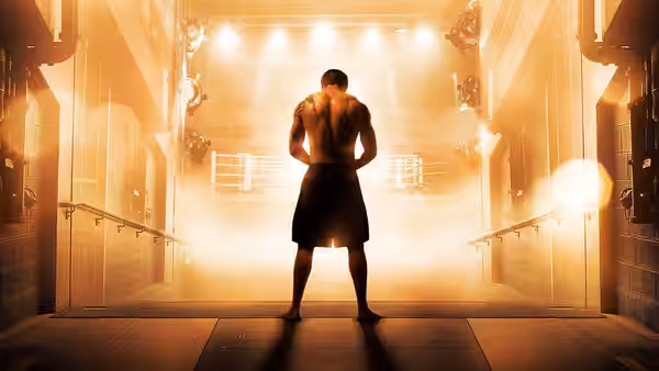 Muscular fighter with back tattoos stands in a hazy boxing arena
