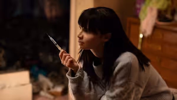 A young woman examines a syringe while seated in a cluttered bedroom