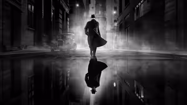 A trench-coated figure walking down a rainy city street at night