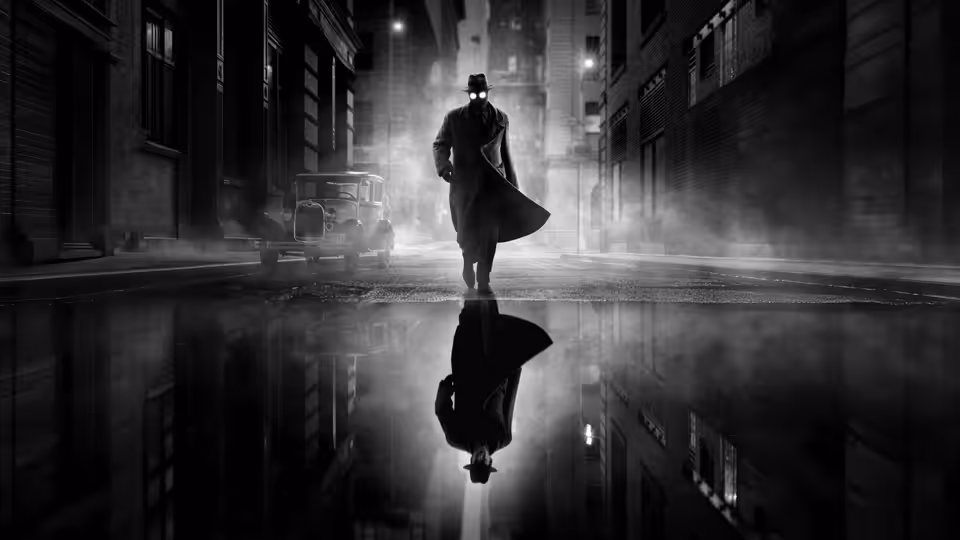 A trench-coated figure walking down a rainy city street at night
