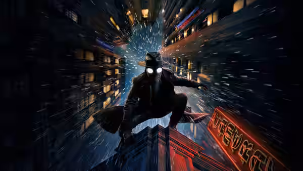 A masked vigilante crouching on a rooftop overlooking a neon-lit city