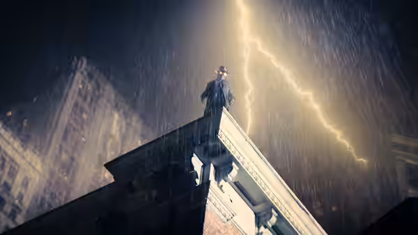 A figure in a long coat standing on a rooftop during a thunderstorm
