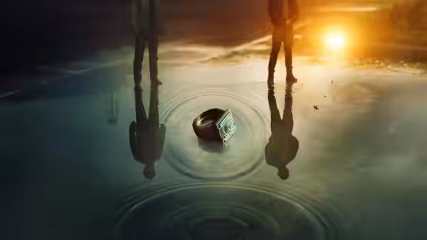 John Stewart (Aaron Pierre) and Hal Jordan (Kyle Chandler) stand in shallow water with a floating green ring