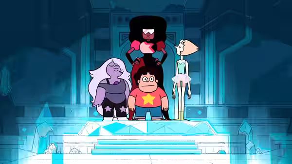 Steven stands with Garnet, Amethyst, and Pearl on a glowing stage