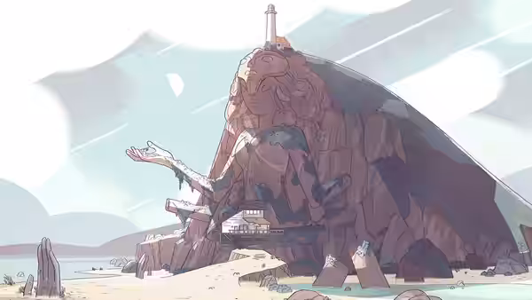 A temple-like structure built into a large rock formation by the shore