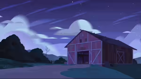 A red wooden barn sits under a starry night sky in the countryside