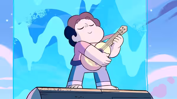 Steven plays a guitar while standing on a stage with closed eyes