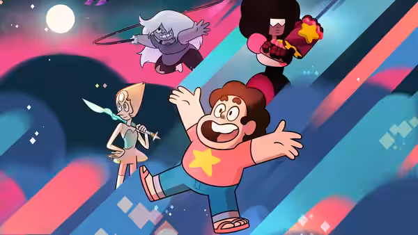 Steven flies through space with Pearl, Amethyst, and Garnet in pursuit