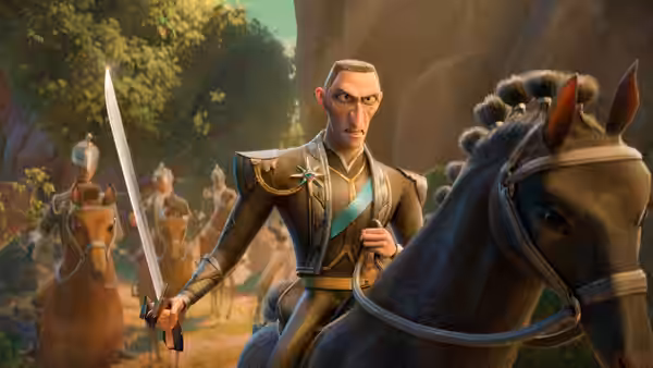 Roderick (Peter Dinklage) rides a horse holding a sword with soldiers in the background