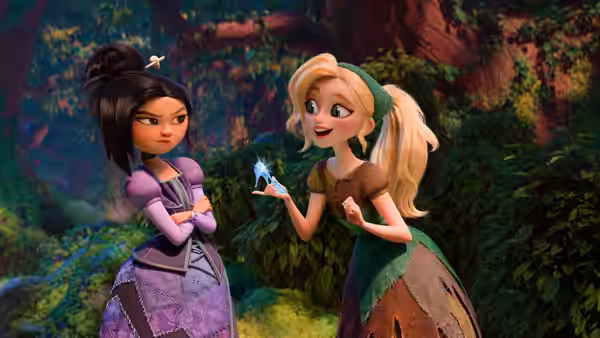Lilith (Ali Wong) and Cinderella (Amanda Seyfried) stand in a forest as Cinderella holds a glowing butterfly