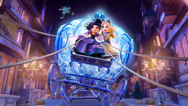 Cinderella (Amanda Seyfried) and a dark-haired woman ride a glowing carriage through town