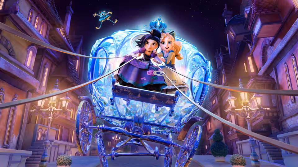Cinderella (Amanda Seyfried) and a dark-haired woman ride a glowing carriage through town