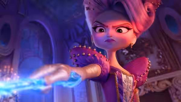 A pink-haired woman extends a glowing wand inside an ornate room