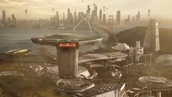 Elevated campus overlooking San Francisco with shuttles flying over the bay