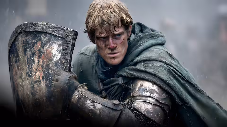Ser Duncan the Tall (Peter Claffey) gripping a shield in dented armor