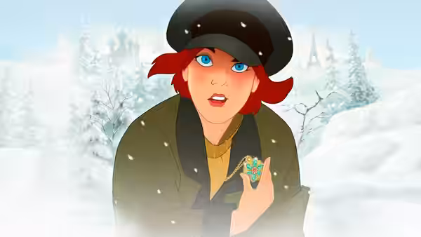 Anastasia (Meg Ryan) holding a jeweled item in snow near the Eiffel Tower