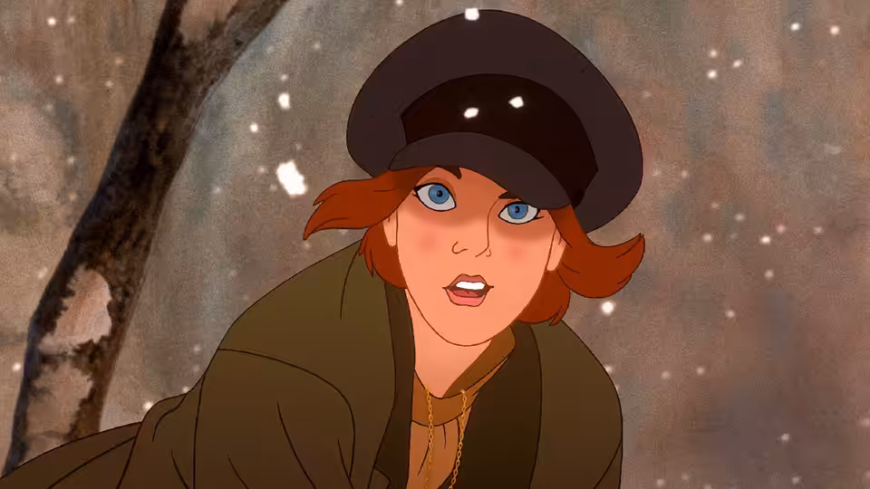 Anastasia (Meg Ryan) looking up with mouth open amid falling snow