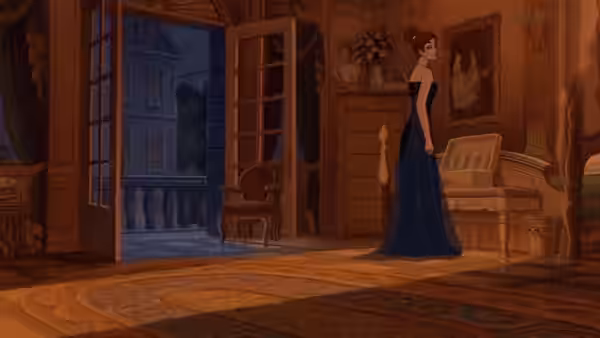 a woman in a blue gown standing in an ornate room facing open doors