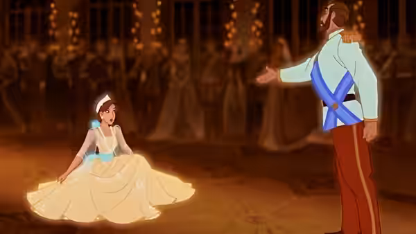 Anastasia (Meg Ryan) kneeling before Dimitri (John Cusack) in a ballroom