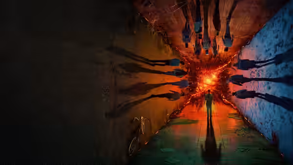 a figure walking down a tunnel toward a bright fiery light