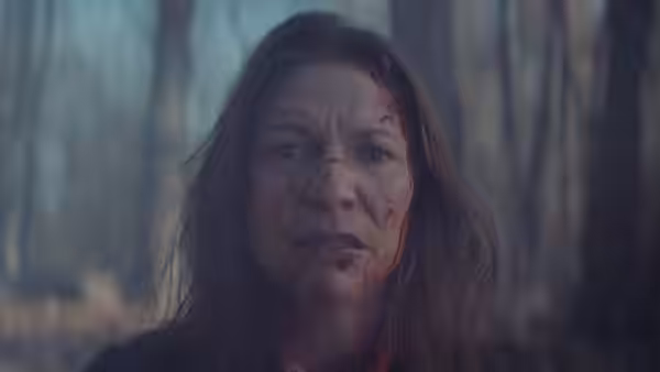 Agatha Wiggs (Claire Danes) injured and bloodied in a wooded area