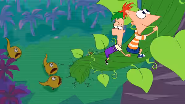 Phineas Flynn and Ferb Fletcher swinging through jungle foliage on a giant leaf