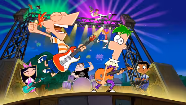 Phineas Flynn rocking guitar on an outdoor concert stage with Ferb and band