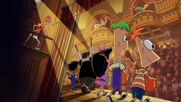 Phineas Flynn and Ferb Fletcher walking across a grand theater stage with friends