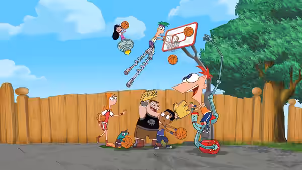 Phineas Flynn jetpacking toward a backyard basketball hoop with friends below