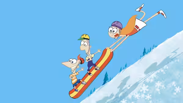 Phineas Flynn and Ferb Fletcher snowboarding down a steep snowy mountain slope