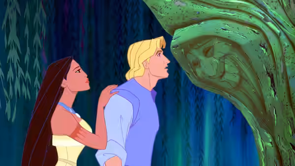 Pocahontas and John Smith gazing at a luminous tree in the forest